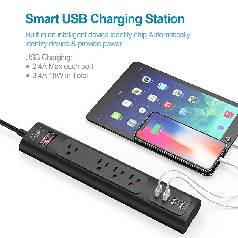 Power Strip Surge Protector with 4 AC Outlets and 4 USB Charging Ports 6 Feet Long Extension Cord for Smartphone Tablets HomeOffice Hotel Black