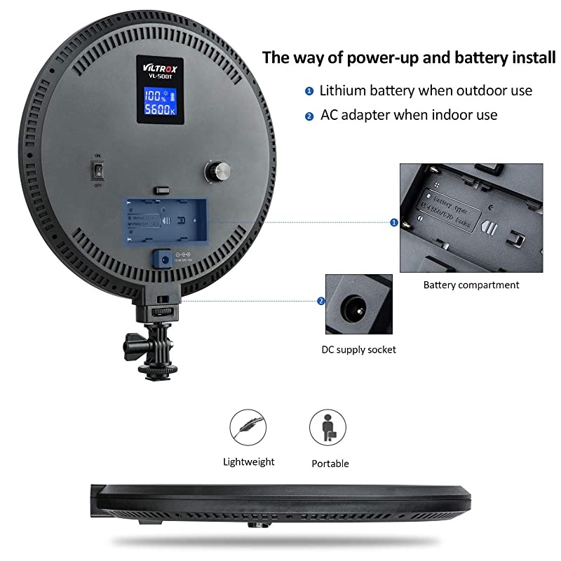 VL500T Led Light kit3300K5600K LED Video Conference Lighting 10 inch UltraThin Key Light Studio Round Lighting LED Video Light for Video Calling Portrait Light with BatteryAC Adapter
