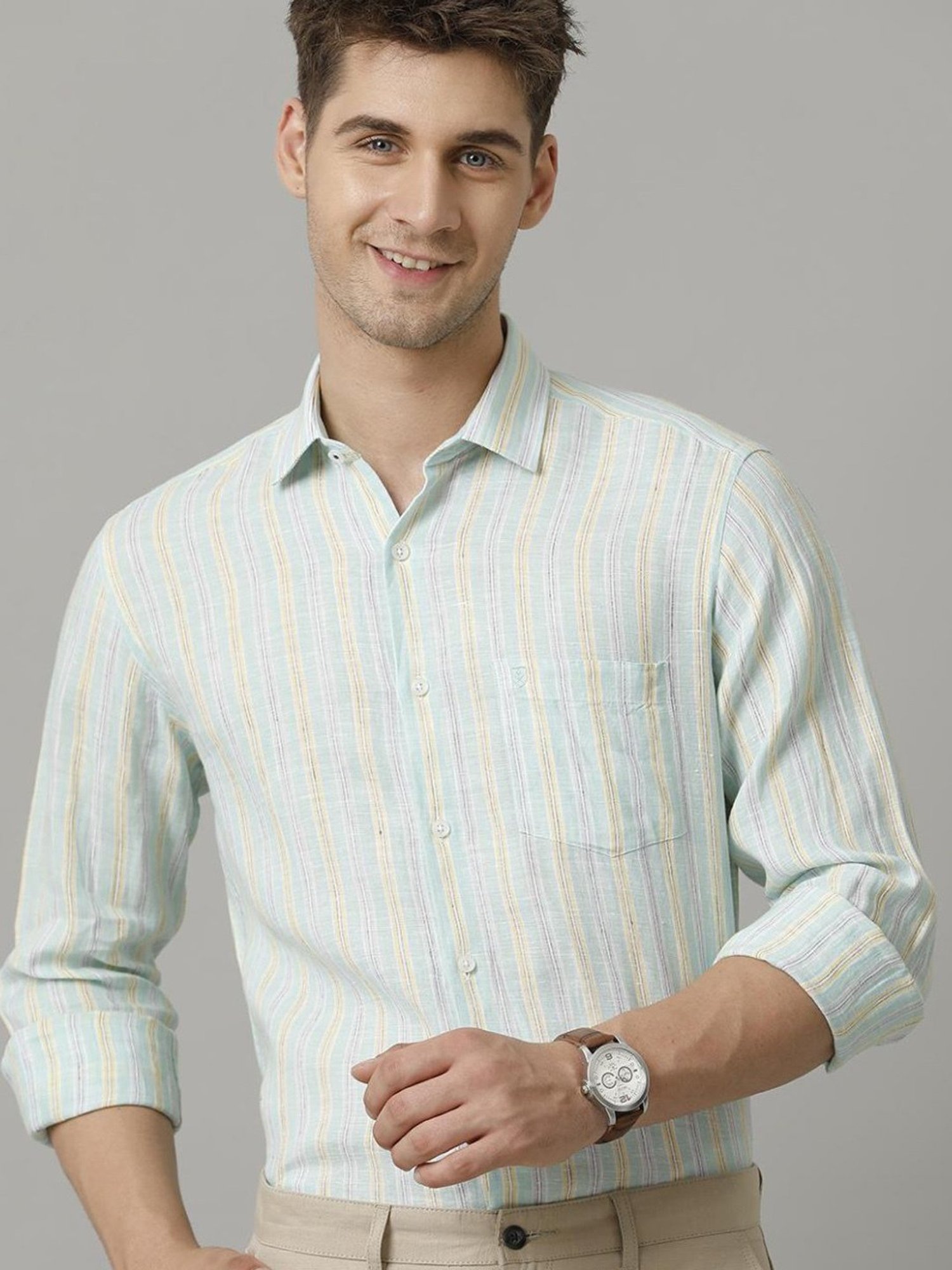 Linen Club Green Linen Contemporary Fit Striped Shirt