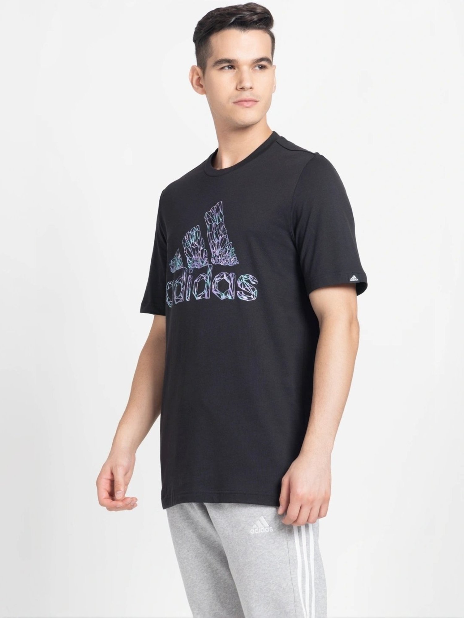 Adidas Black Cotton Regular Fit Logo Printed T-Shirt