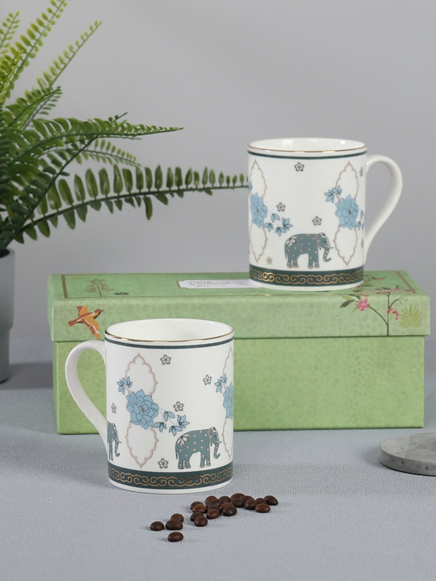 India Circus Abstract White Bone China Milk Mugs Set of 2, 360 ml With Accented and 22 Carat Gold