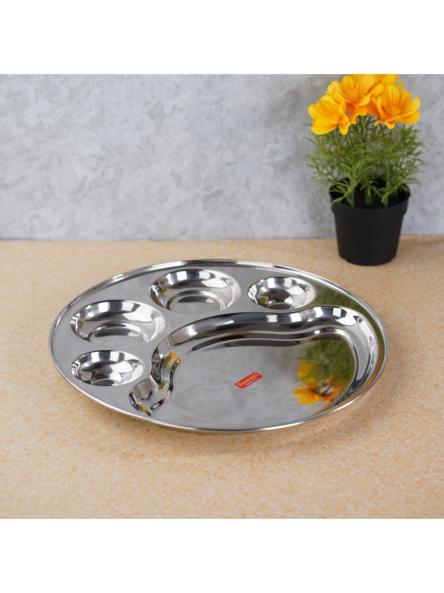 Sumeet Stainless Steel Round 5 in 1 Compartment Lunch / Dinner Plate 1Pc, 31cm Dia, Silver