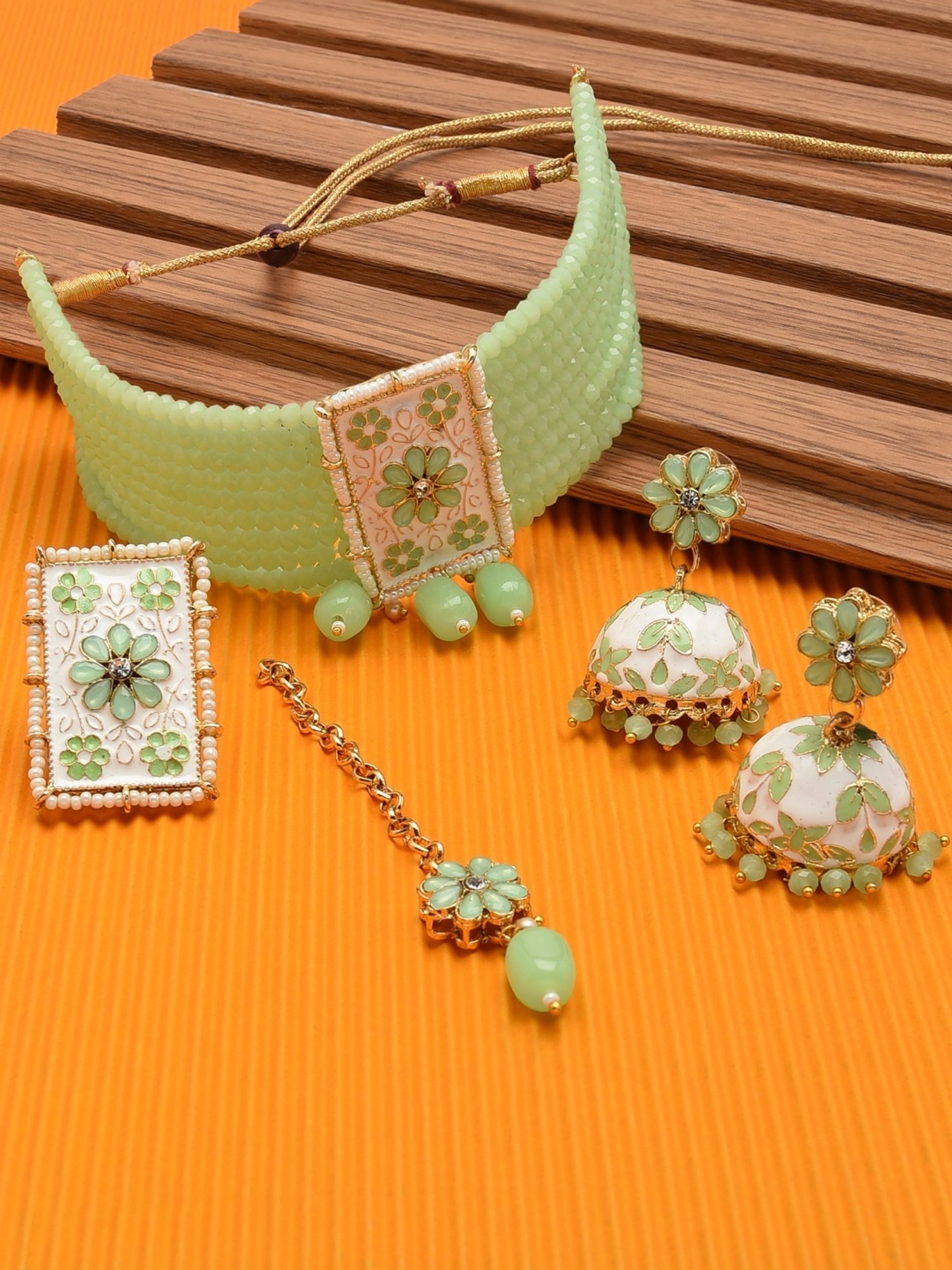 Zaveri Pearls Green White Enamel Multistrand Necklace, Earring, Maangtikka & Ring Set