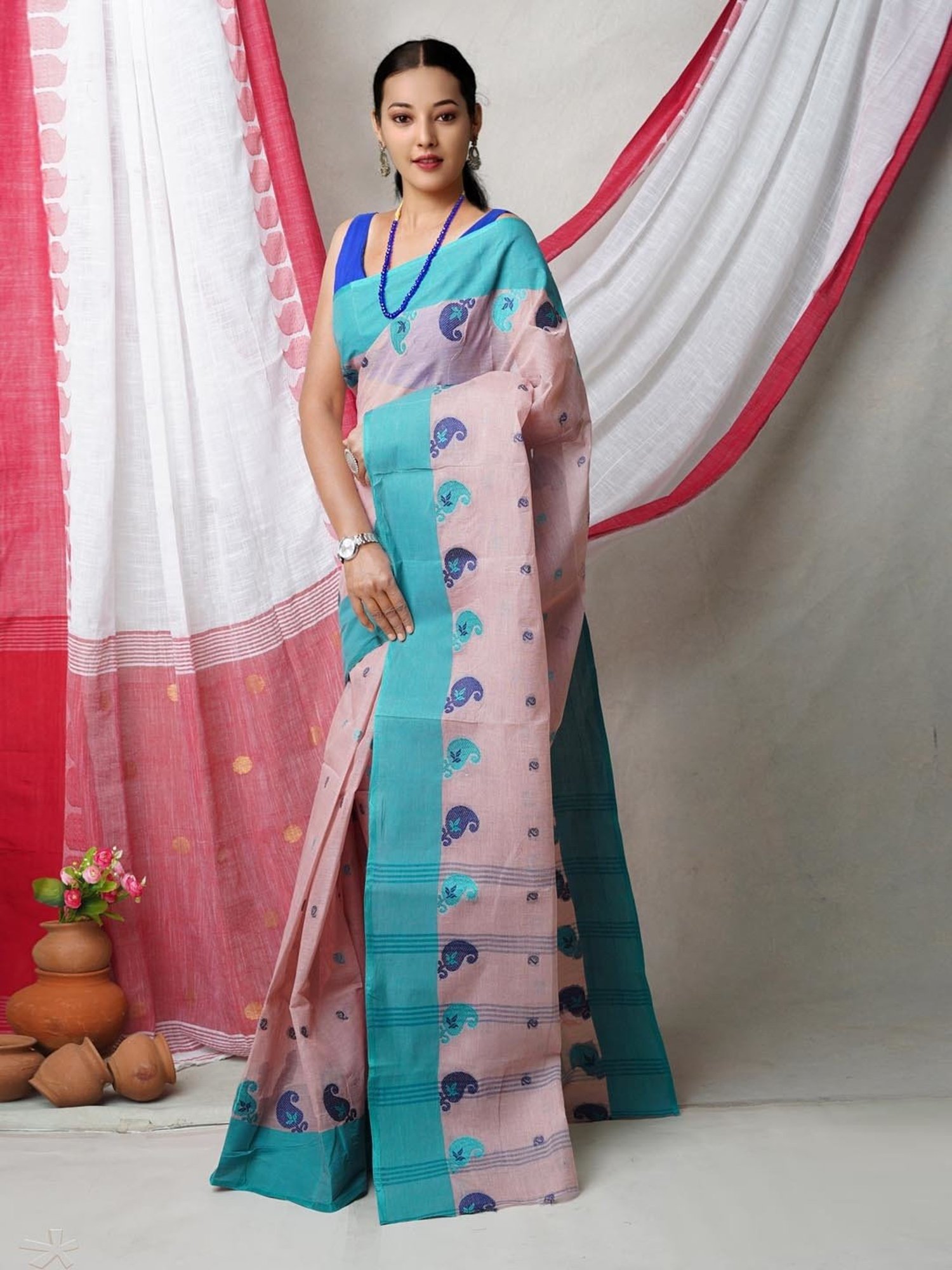 Unnati Silks Pink & Blue Cotton Woven Saree With Unstitched Blouse