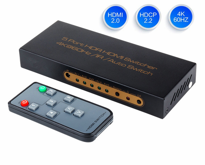 HDMI 2.0 Switch 5x1 Awakelion Premium Quality 4K x 2K/60Hz HDMI Switcher with IR Remote, Support HDR,HDMI 2.0, HDCP 2.2 ,Full HD/3D,1080P,DTS/Dolby (5 In 1 Out)