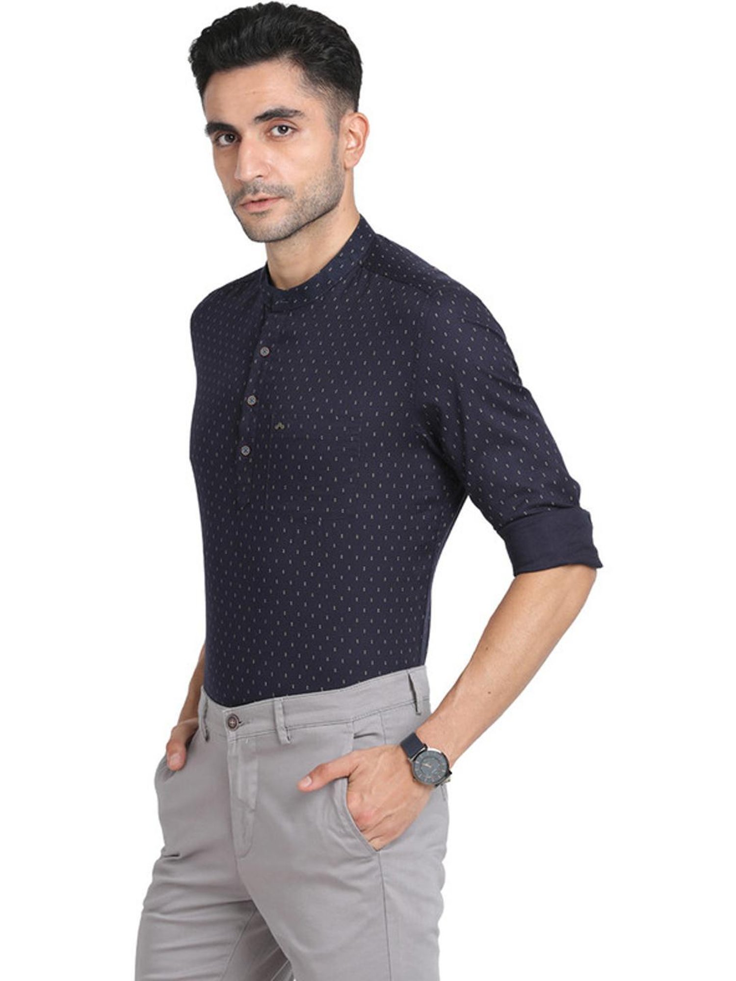 Turtle Navy Cotton Slim Fit Printed Shirts