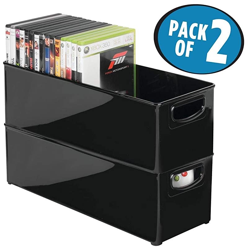 Plastic Stackable Household Storage Organizer Container Bin with Handles for Media Consoles Closets Cabinets Holds DVDs Video Games Gaming Accessories Head Sets 2 Pack Black