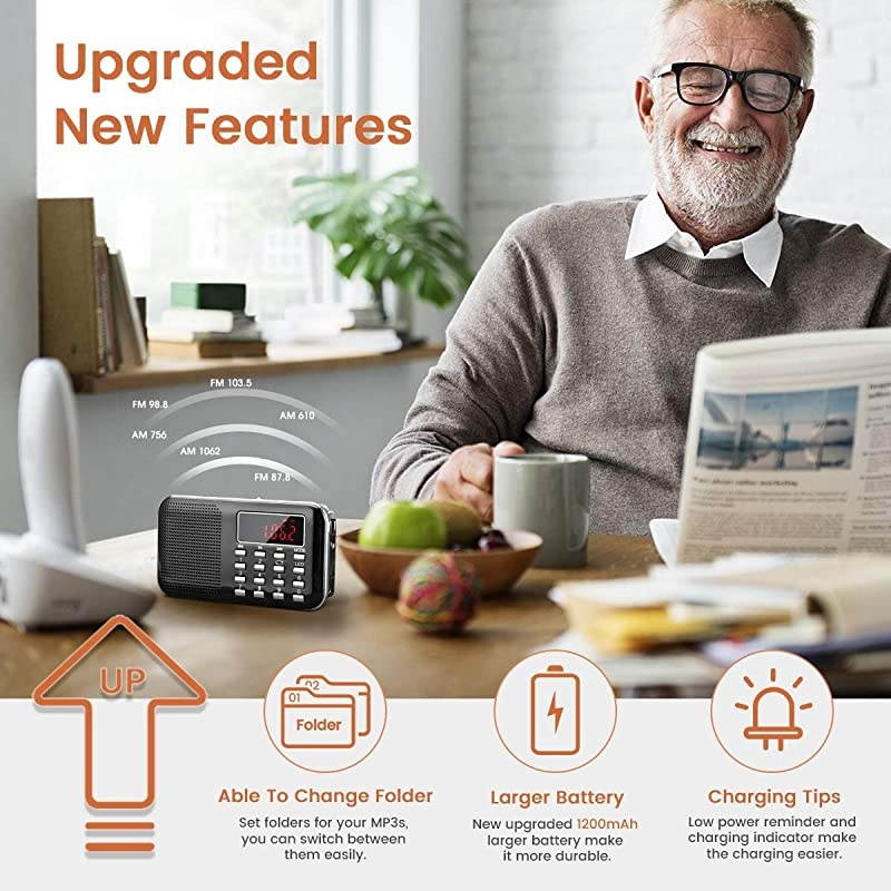 Mini Portable Radio AM FM Pocket Radio with LED Flashlight, Digital Radio Speaker Support Micro SD/TF Card/USB, Auto Scan Save, 1200mAh Rechargeable Battery Operated, by [Latest Version]
