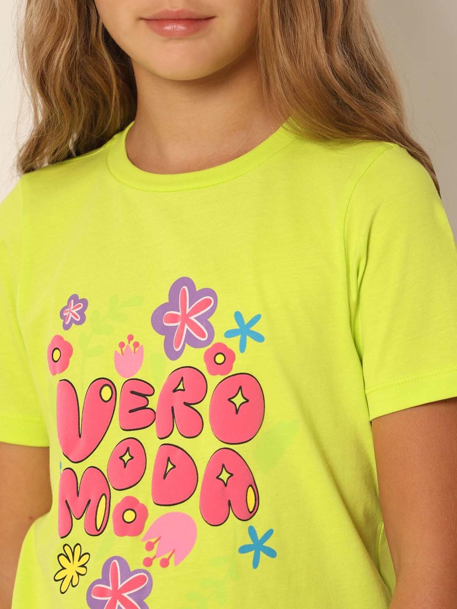 VERO MODA GIRL Lime Green Cotton Printed T-Shirt