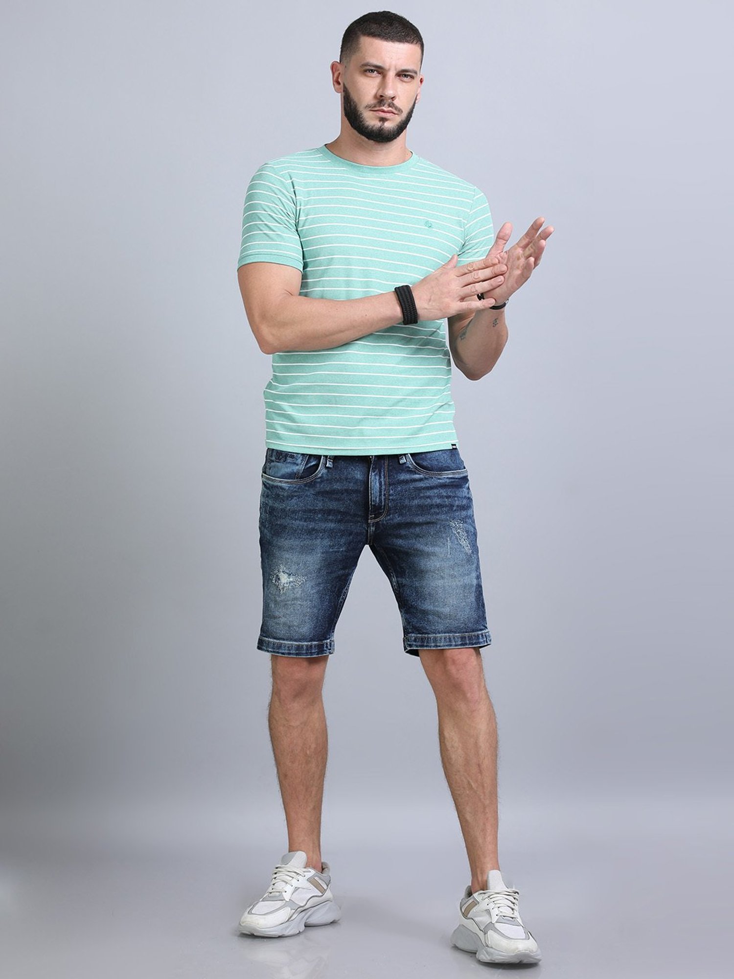 Bushirt Mint Green Regular Fit Striped Crew T-Shirt