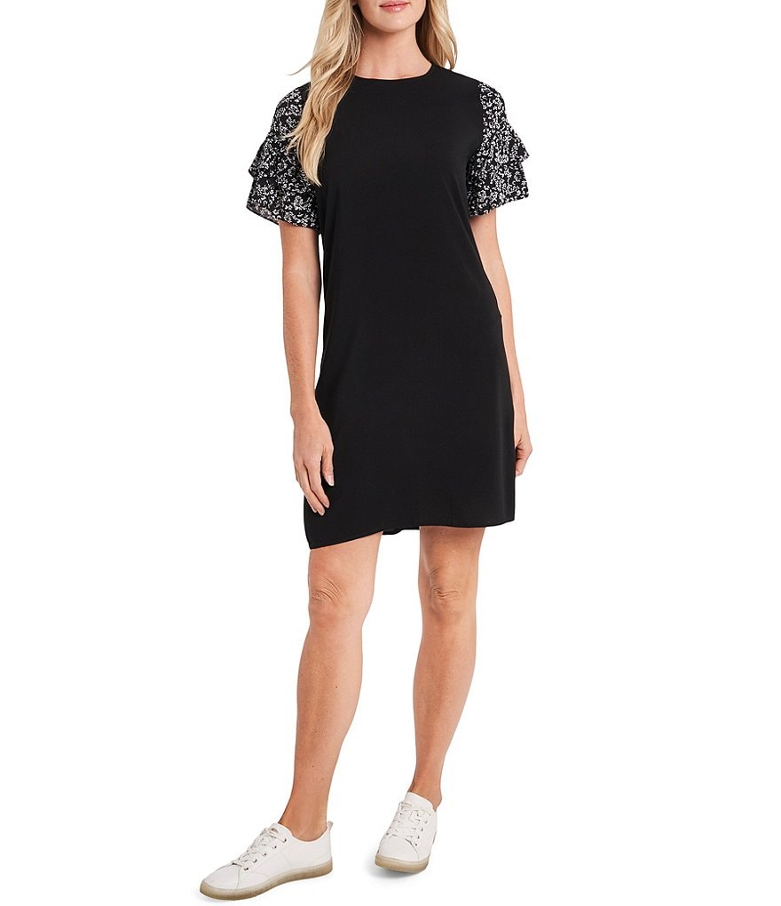 CeCe Tiered Printed Ruffle Floral Sleeve Crew Neck Dress