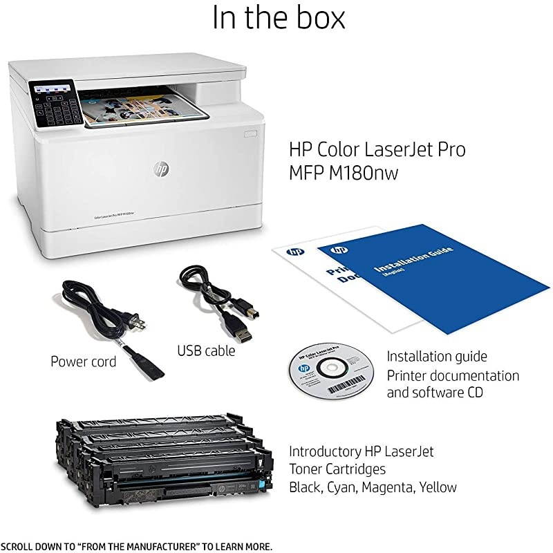 Color Laserjet Pro M180nw All-in-One Wireless Color Laser Printer, Mobile Printing & Built-in Ethernet, Works with Alexa (T6B74A)