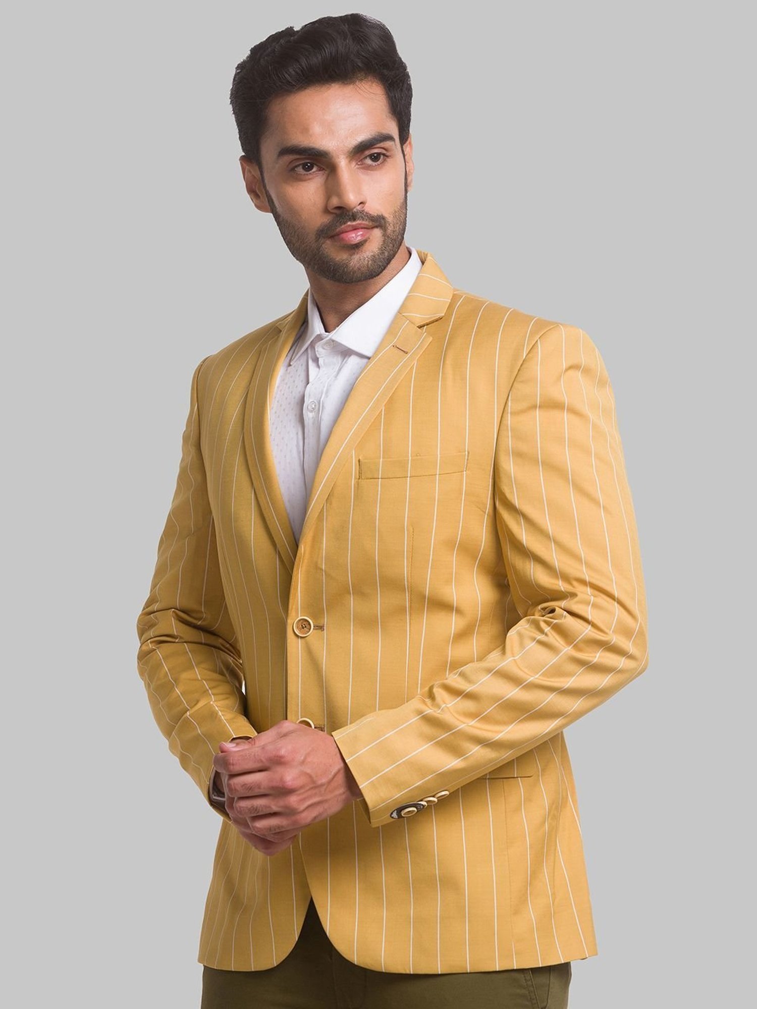 Park Avenue Yellow Regular Fit Striped Blazer