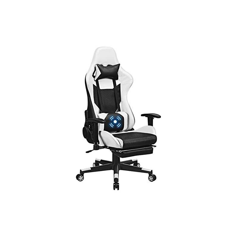 Massage Gaming Chair, Adjustable High Back with Health Massager Lumbar Support, Thick Memory Sponge with 360 Degree Revolving Chair Seat, Retractable Foot Shelf (White)