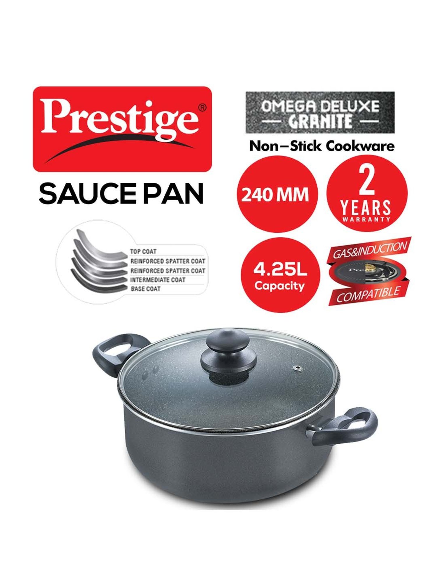 Prestige Omega Black Deluxe Granite 240 mm Sauce Pan with Lid - Set of 1