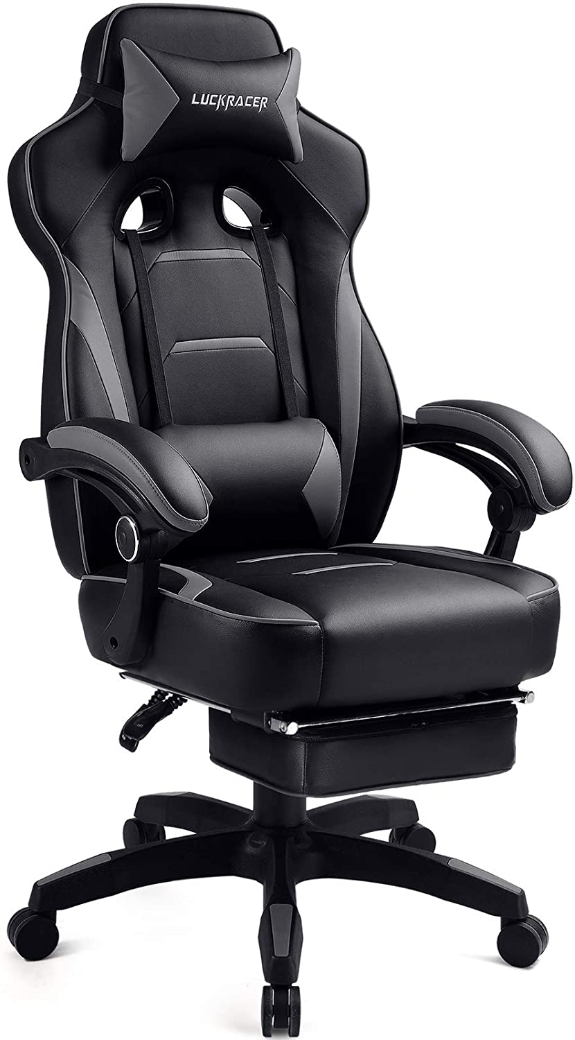 Gaming Chair with Footrest Office Desk Chair Ergonomic Gaming Chair Pu Leather High Back Adjustable Swivel Lumbar Support Racing Style Esports Gamer Chairs Gray