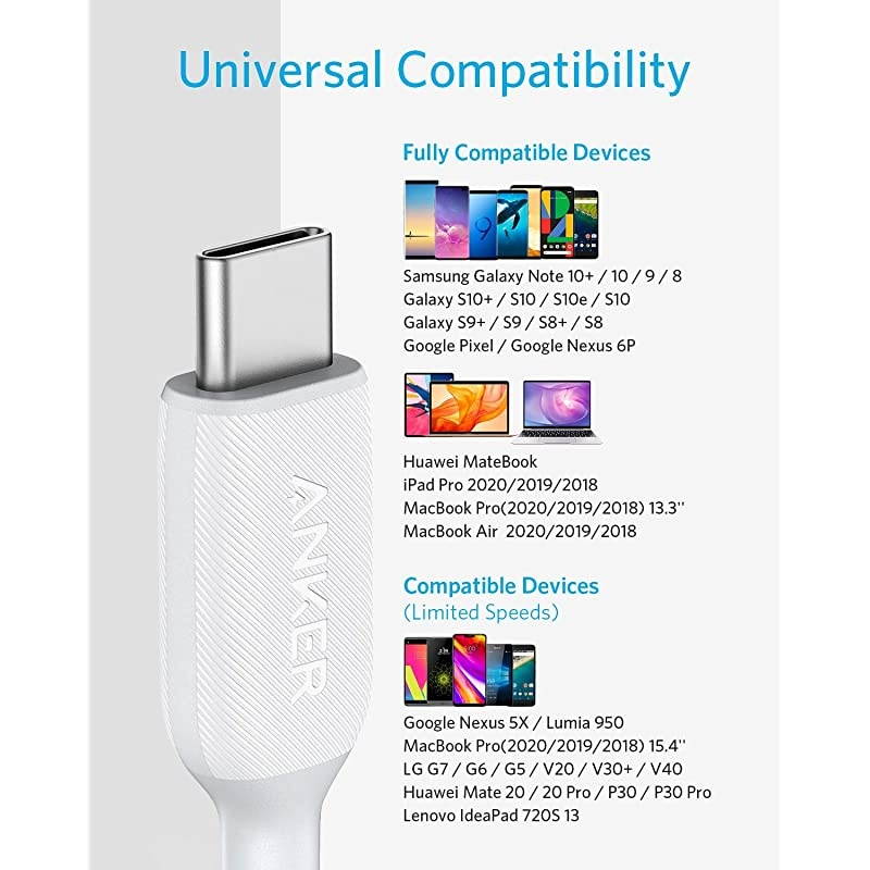 USB C Cable 60W 10ft  Powerline III USBC to USBC Cable 20 USB C Charger Cable for MacBook Pro 2020 iPad Pro 2020 iPad Air 4 Switch Galaxy S20 Plus S9 S8 Plus Pixel and More White