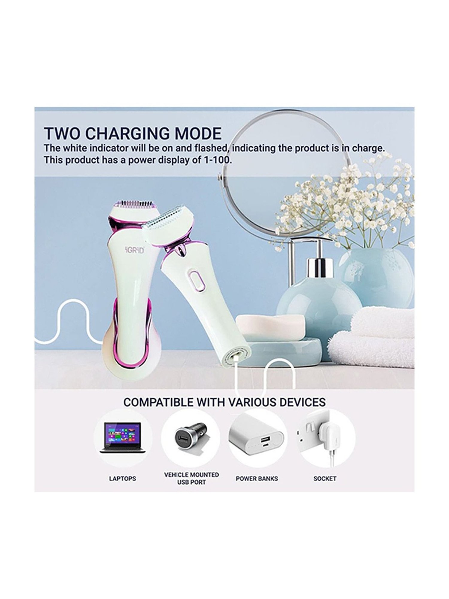 iGRiD IG-1097 Easy Breezy Electric Shaver for Women with LED Light - 80 Min Runtime (White)