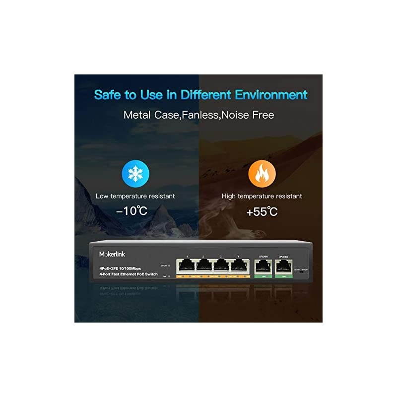 4 Port PoE Switch with 2 Uplink Ethernet Port, 78W High Power, Support IEEE802.3af/at, Fanless Metal Plug & Play PoE+