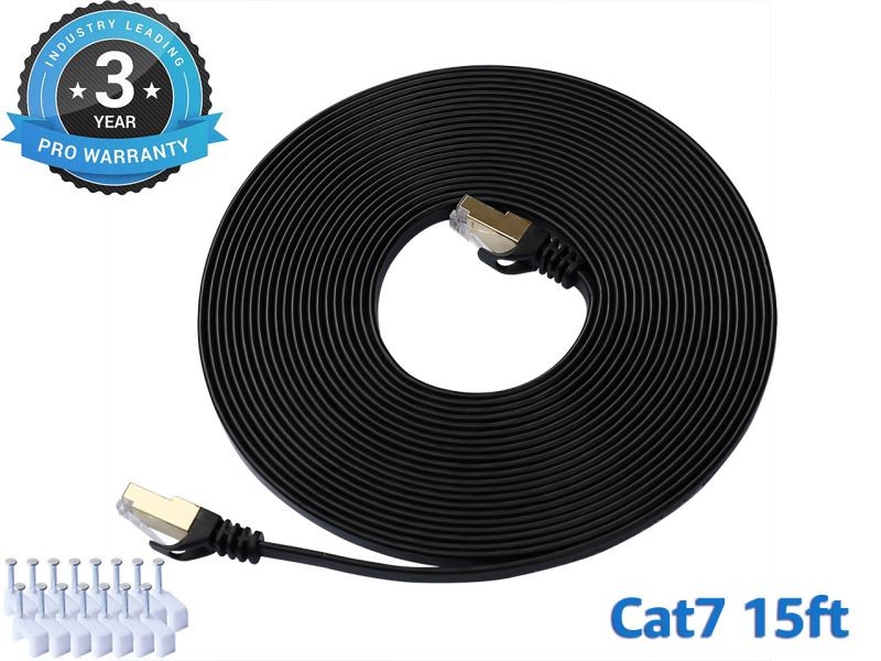 Cat 7 Ethernet Cable 100 ft LAN Cable Internet Network Cord for PS4, Xbox, Router, Modem, Gaming, Black Flat Shielded 10 Gigabit RJ45 High Speed Computer Patch Wire.