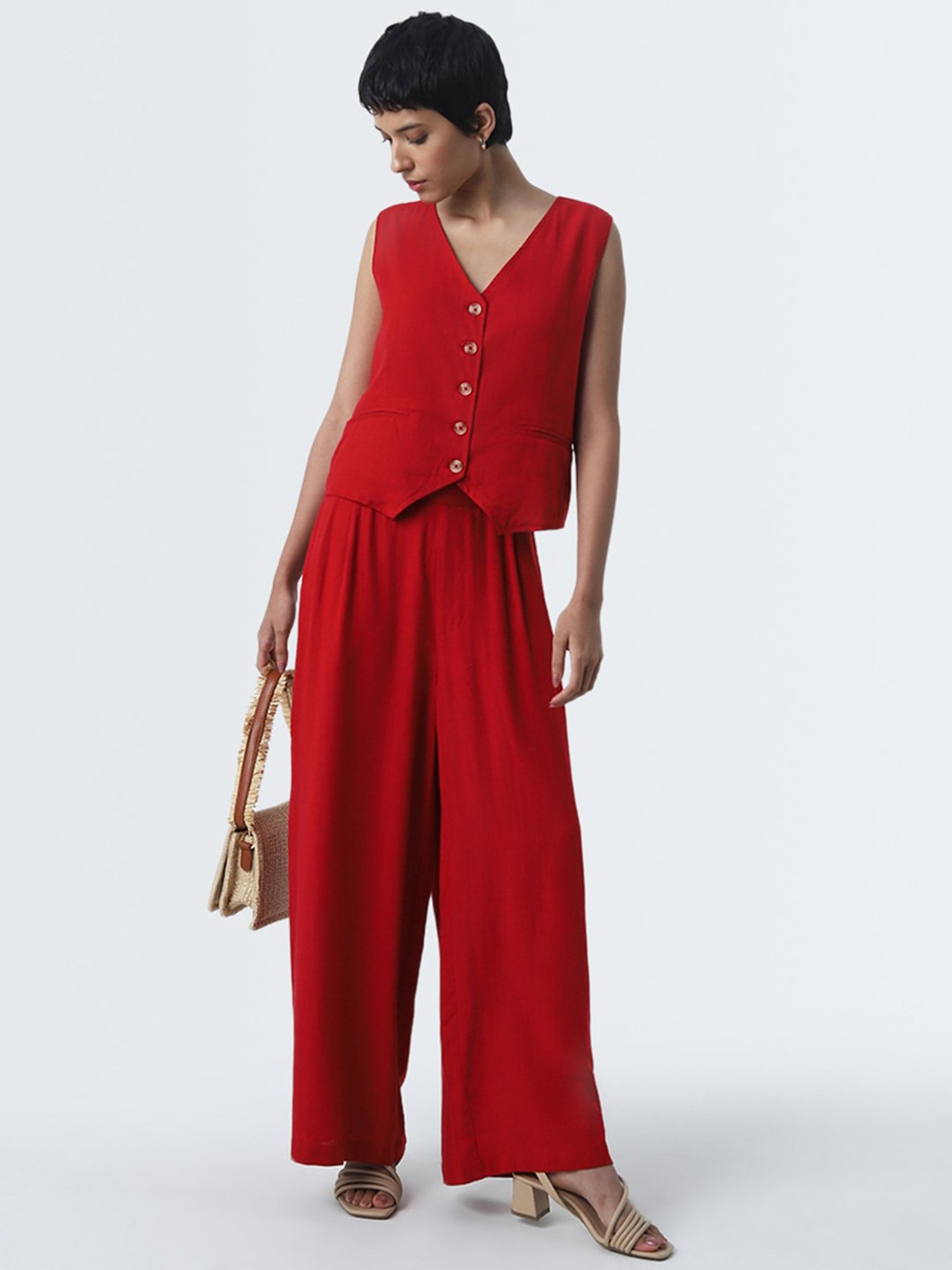 LOV by Westside Red Waistcoat-Style Blended Linen Top