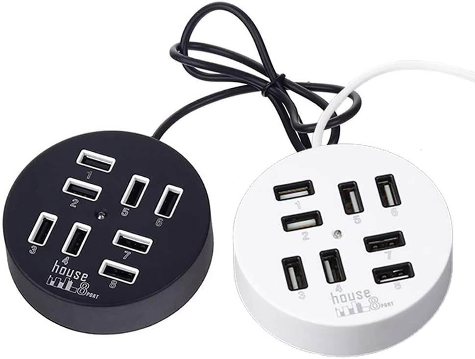 USB 8 Ports Box Multi Data Transmission USB 2.0 Hub Round Shape Multi-Port Splitter Charger Adapter Replacement with LED for USB Devices, Phone, USB Flash Disk, PC, Tablet (White)