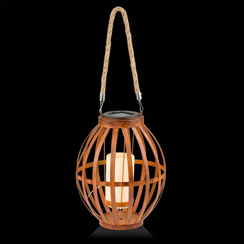 Alpine 10" Solar Metal Lantern with Flickering LED Light Brown
