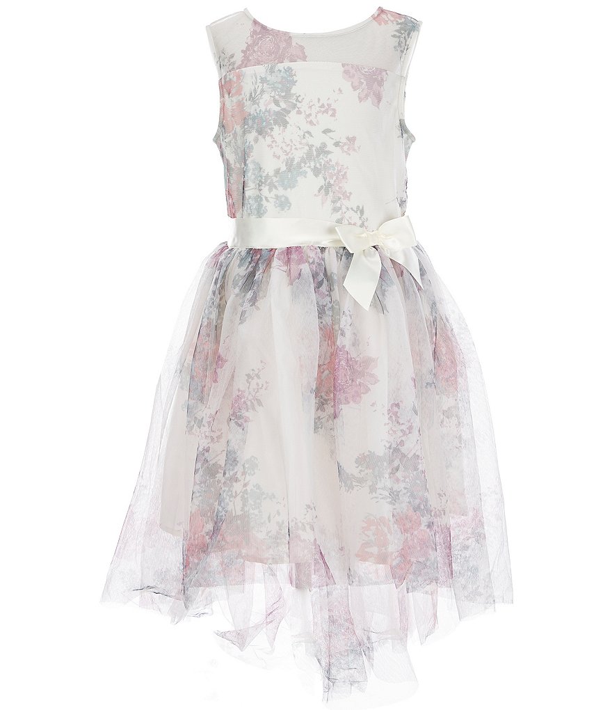 Zunie Big Girls 7-16 Sleeveless Floral Print Tie-Waist High-Low Hem Mesh Party Dress