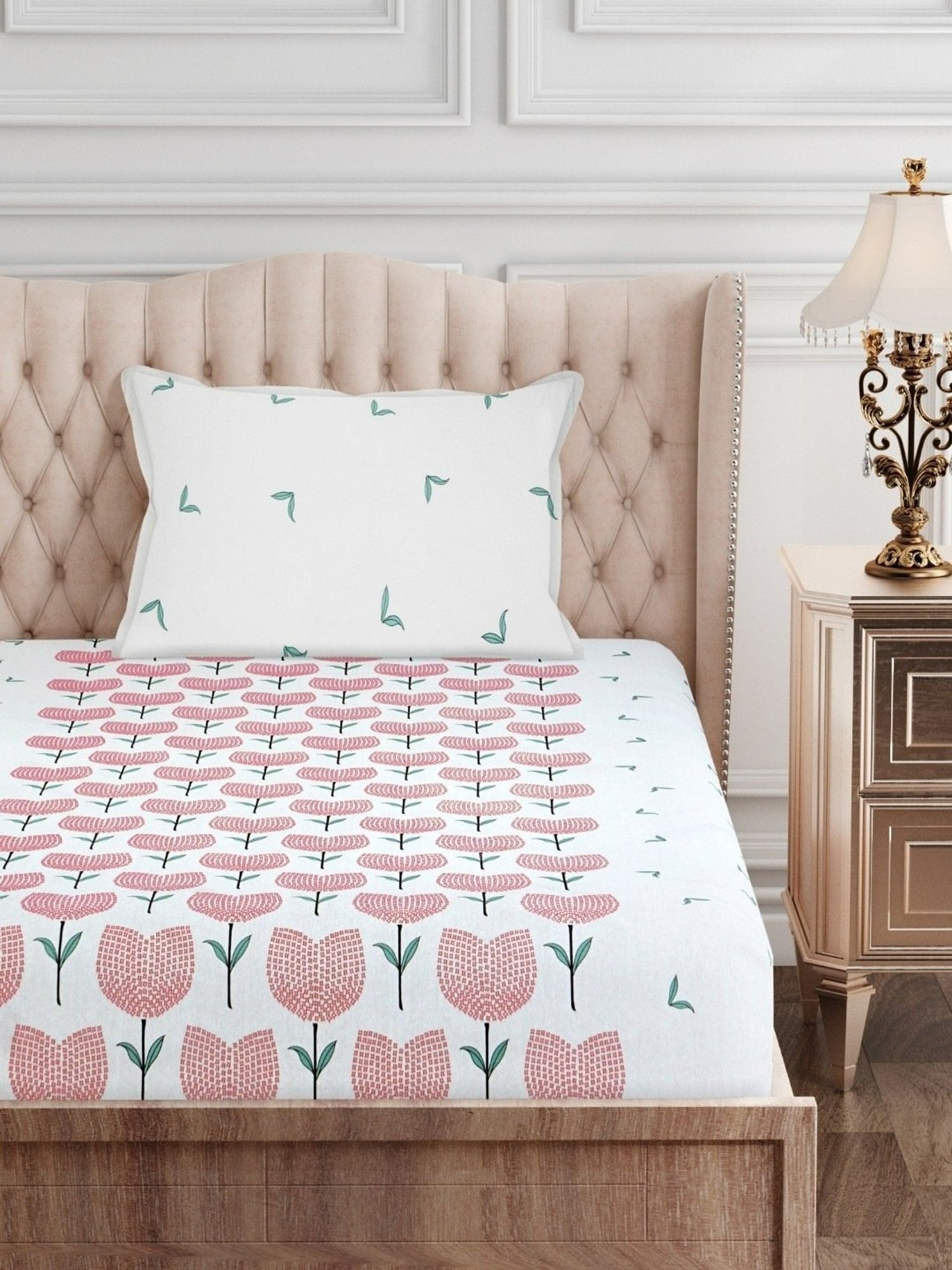 SEJ by Nisha Gupta Floral Pink 144 TC Cotton Single Bed Sheet with 1 Pillow Cover