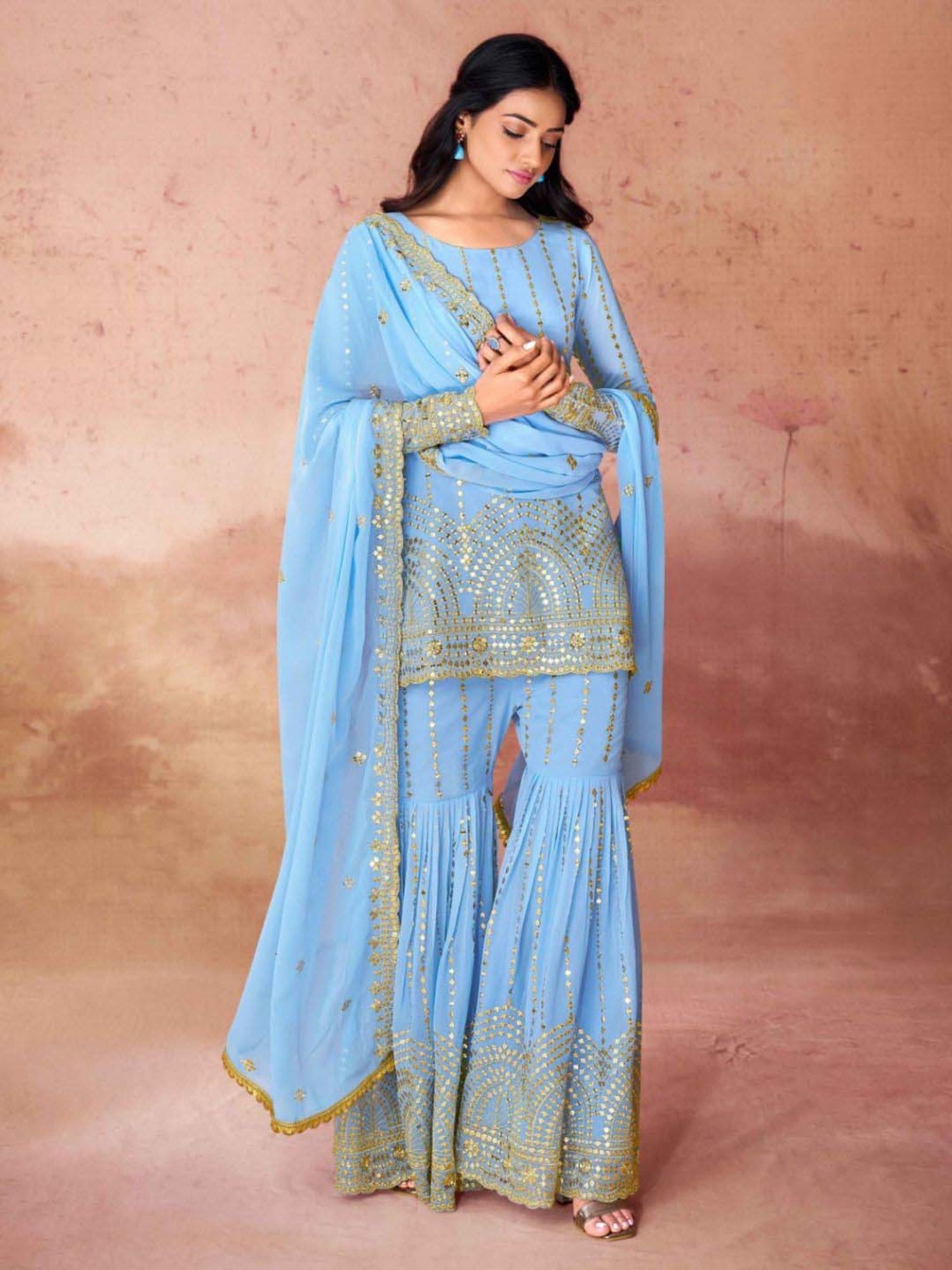 Odette Blue Embroidered Kurti Sharara Set With Dupatta