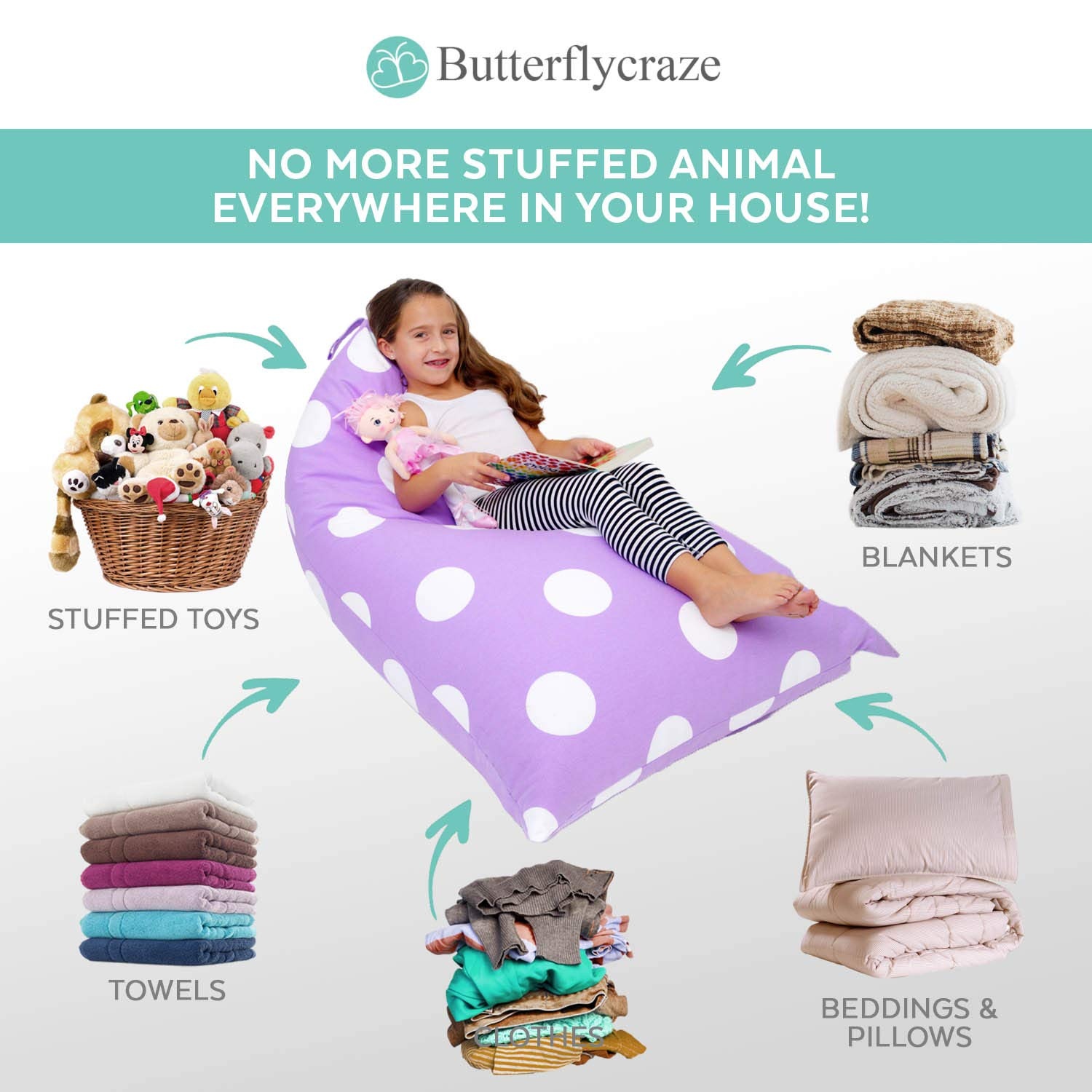 Stuffed Animal Storage Bean Bag Chair - Stuff 'n Sit Toy Bag Floor Lounger for Kids, Teens and Adult |Extra Large 200L/52 Gal Capacity |Premium Cotton Canvas (Purple)