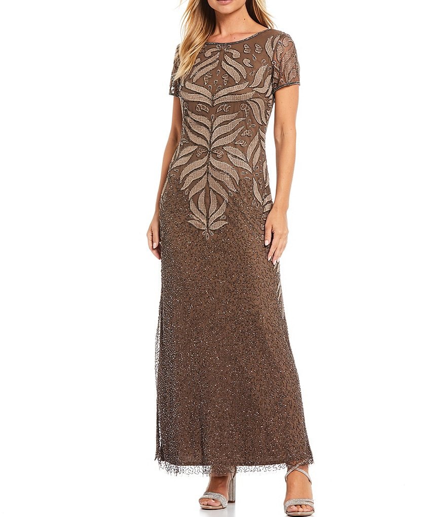 Pisarro Nights Beaded Embroidered Boat Neck Short Sleeve Long Dress