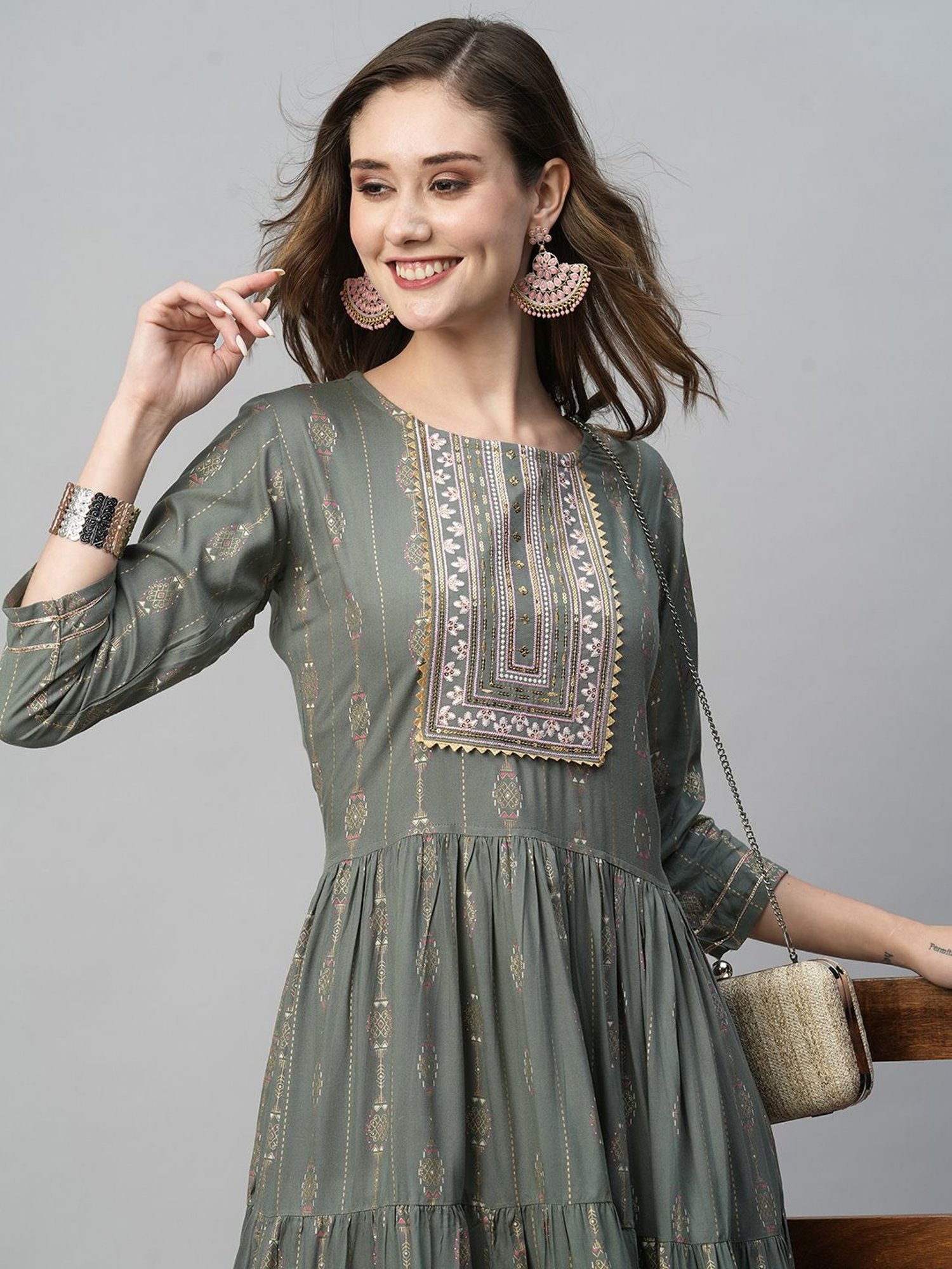 KIANA Grey Printed A-Line Dress