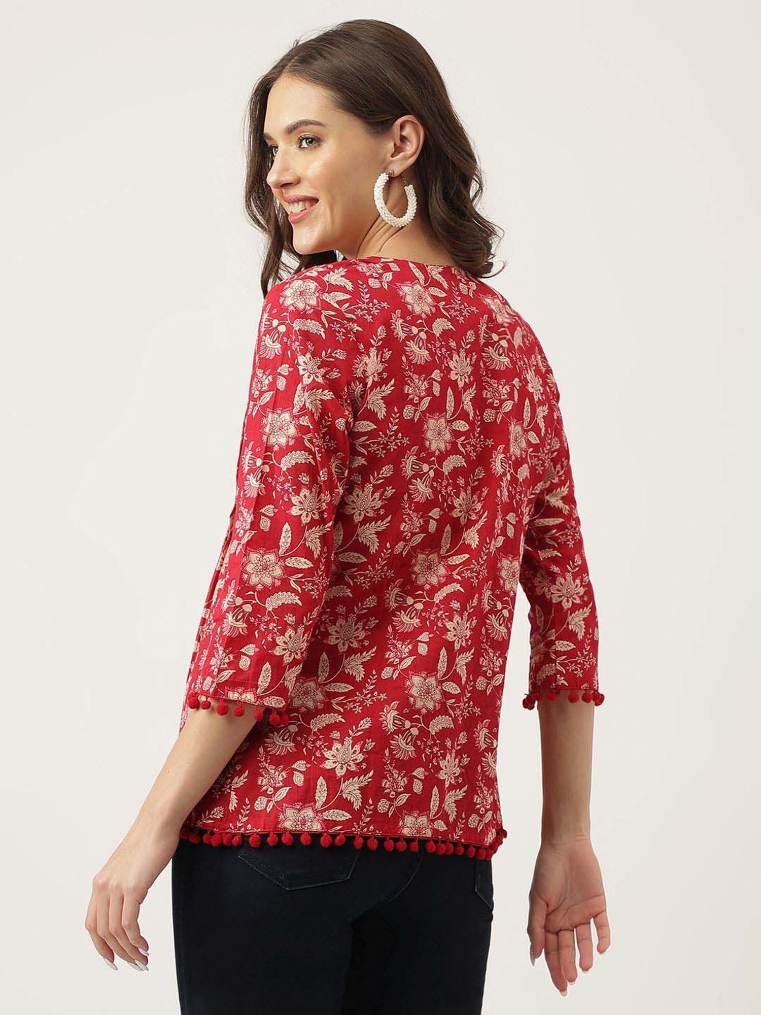 Divena Red Cotton Floral Print Top