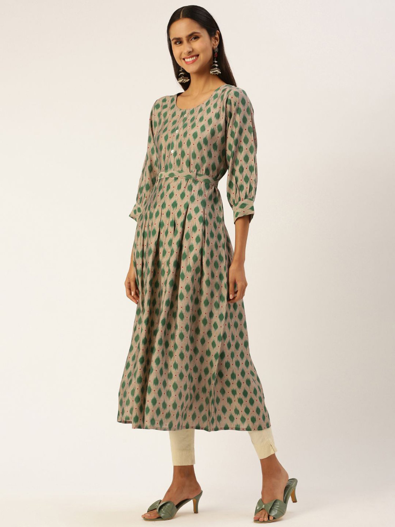 SHANVIKA Beige & Green Printed Cotton Silk A Line Kurta