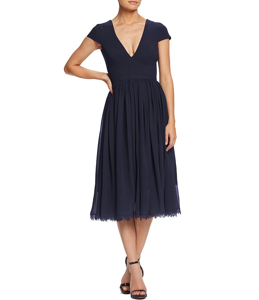 Dress the Population Corey V-Neck Cap Sleeve Lace Hem Midi Dress