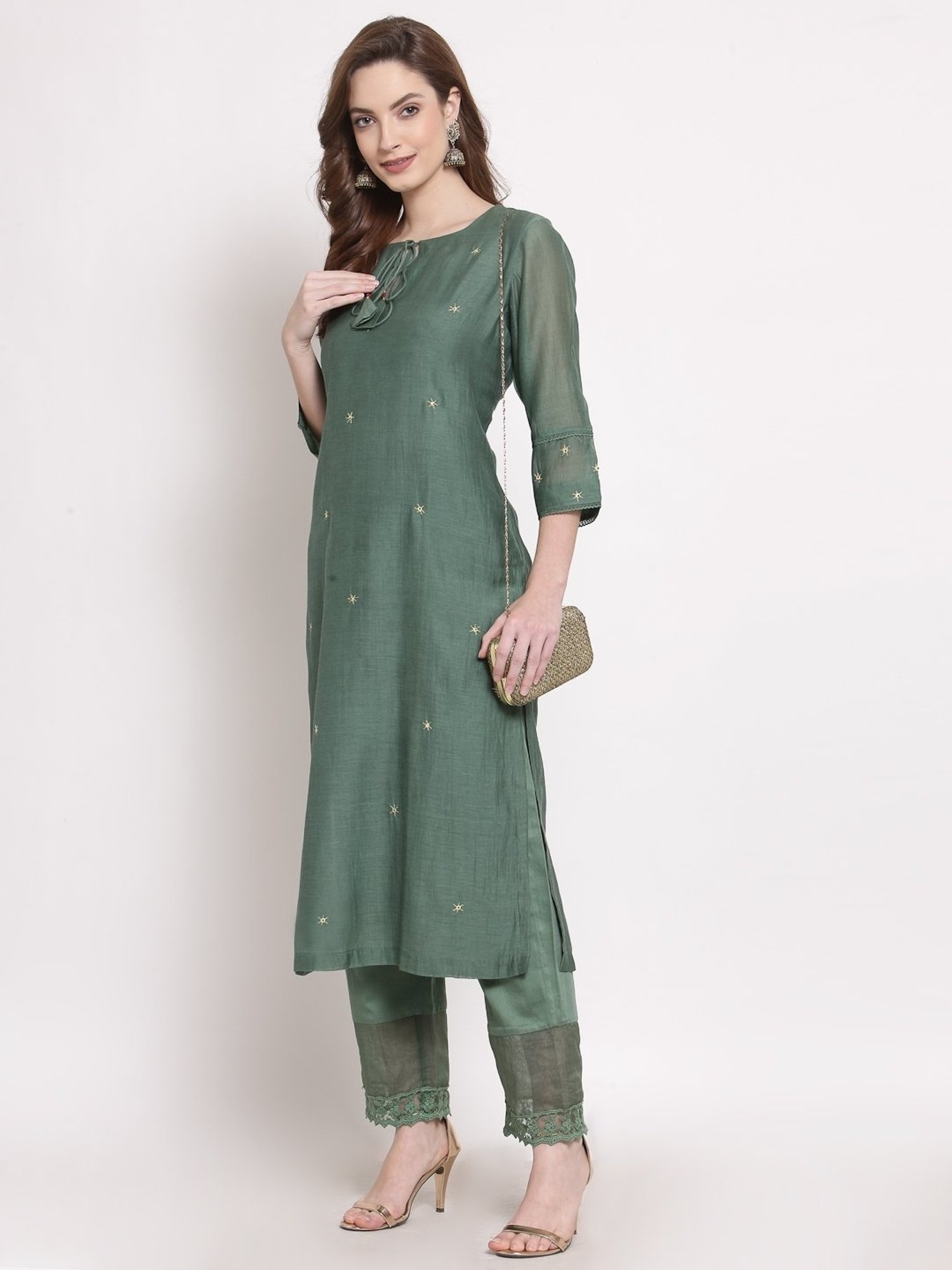 DART STUDIO Green Embroidered Straight Kurta