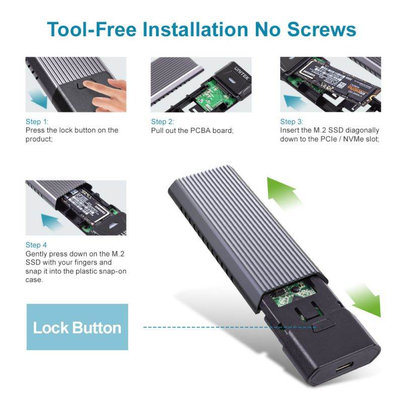 Unitek M.2 NVMe SSD Enclosure, Tool-Free Portable Aluminum USB3.1 Gen2 (10Gbps) Type-C to NVME PCI-E M-Key Hard Drive External Enclosure Support UASP Compatible for M.2 NVMe SSD M-Key 2242/2260/2280