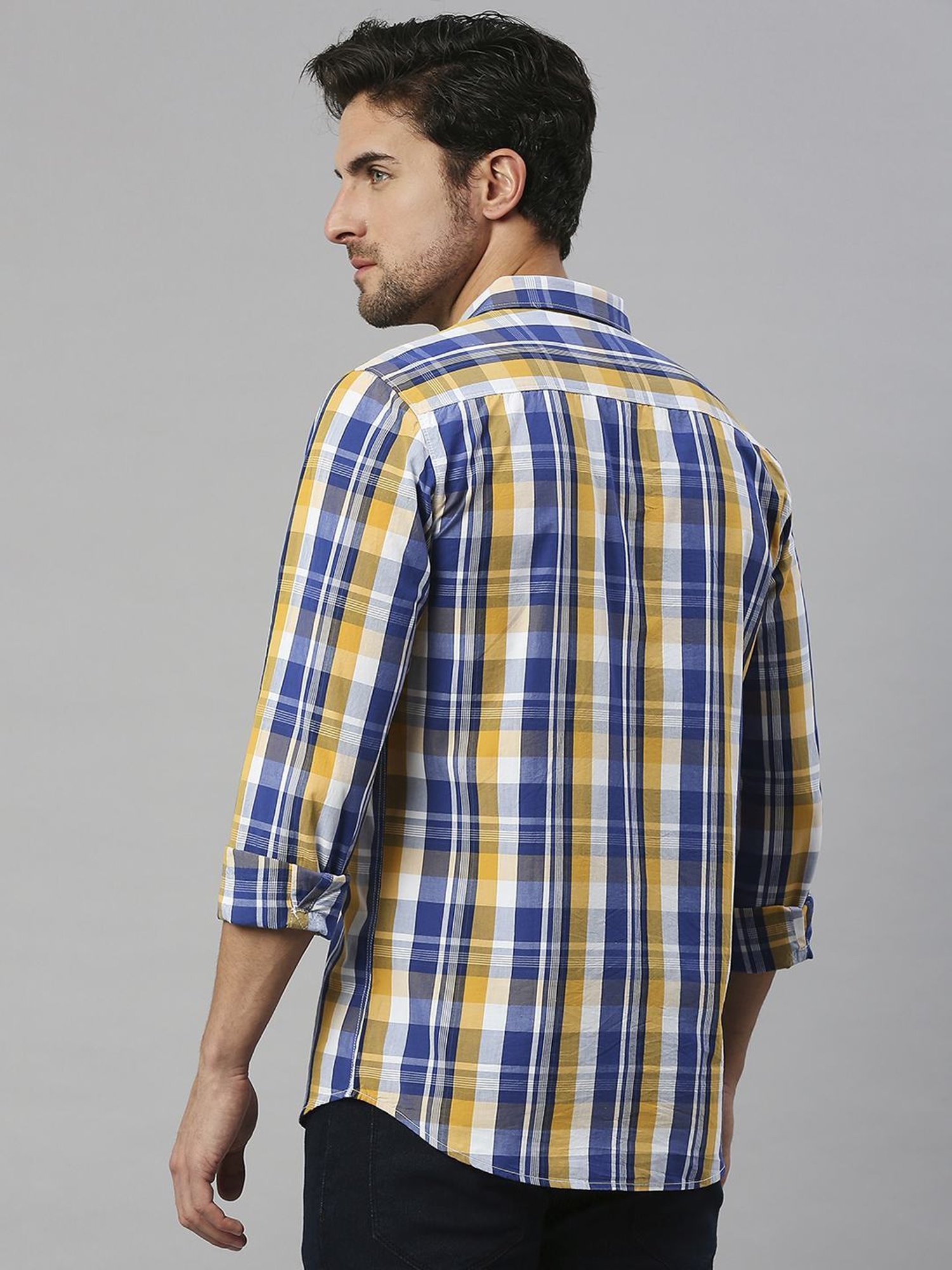 SOLEMIO Navy & Mustuard Cotton Slim Fit Checks Shirt
