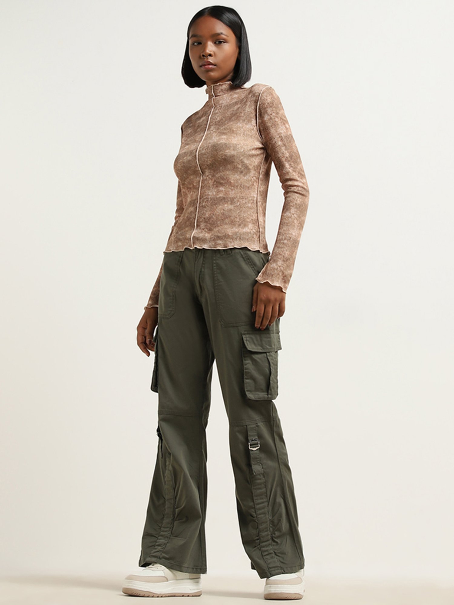 Nuon by Westside Brown Abstract Design Mesh Top