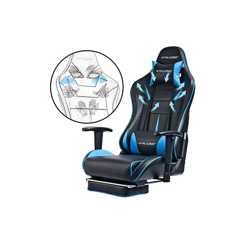Gaming Chair with Footrest Big and Tall Office Executive Chair Heavy Duty Adjustable Recliner with Headrest Lumbar Support Cushion Desk Chair (Black&Blue)