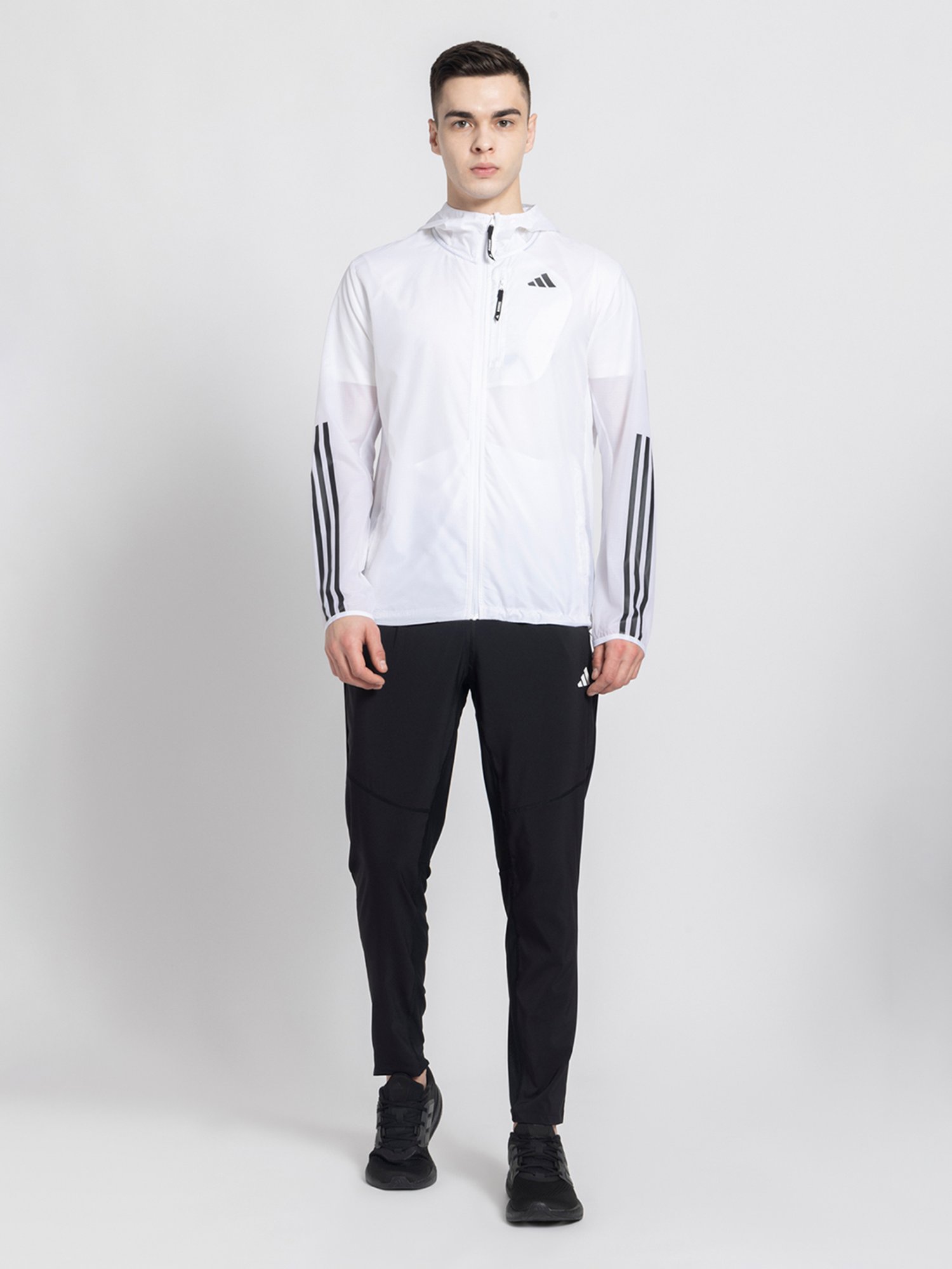 adidas White Slim Fit Striped Running Hooded Jacket