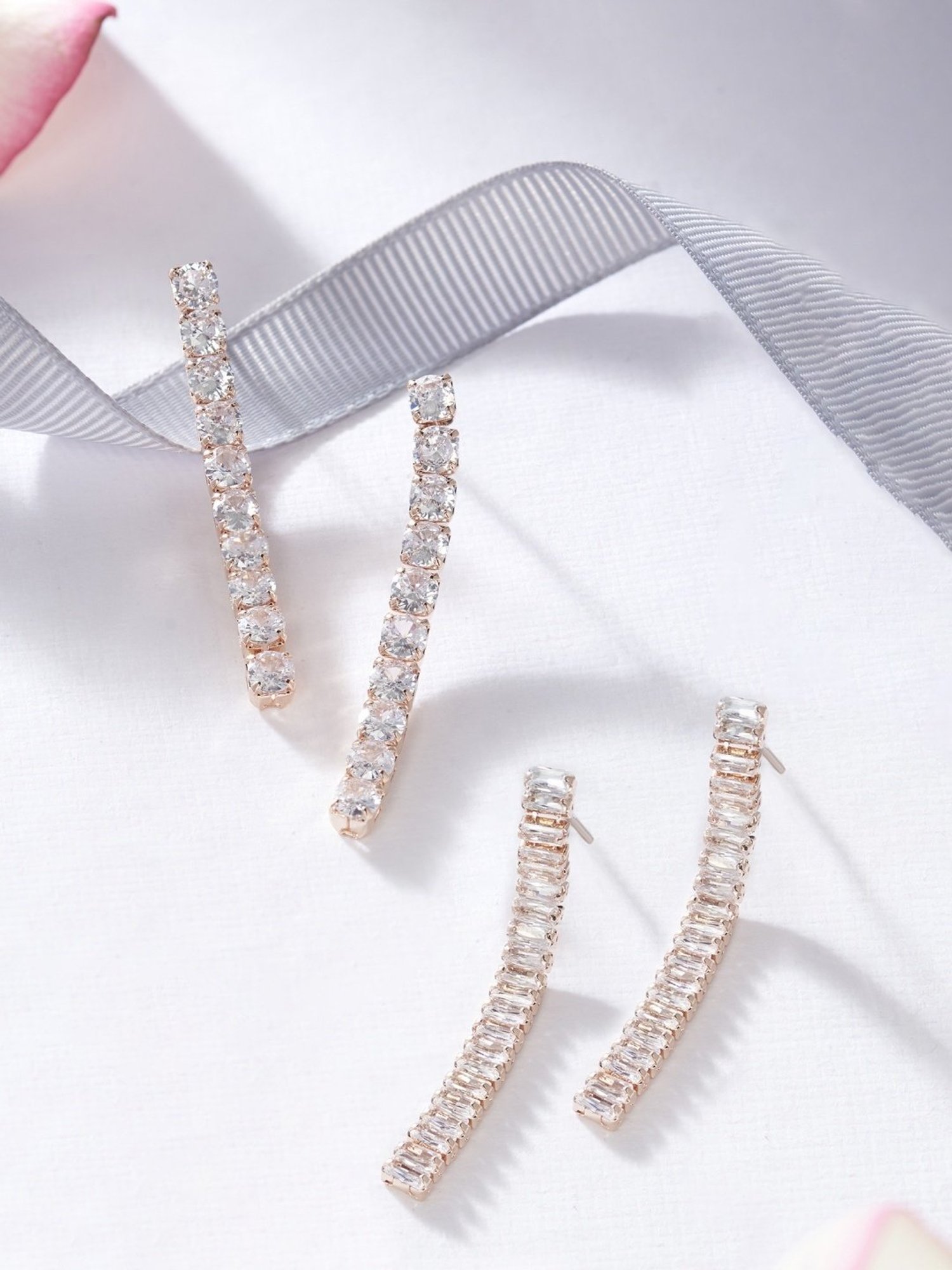 Zaveri Pearls Set of 2 Rose Gold Dazzling Cubic Zirconia Contemporary Drop Earrings - ZPFK13358