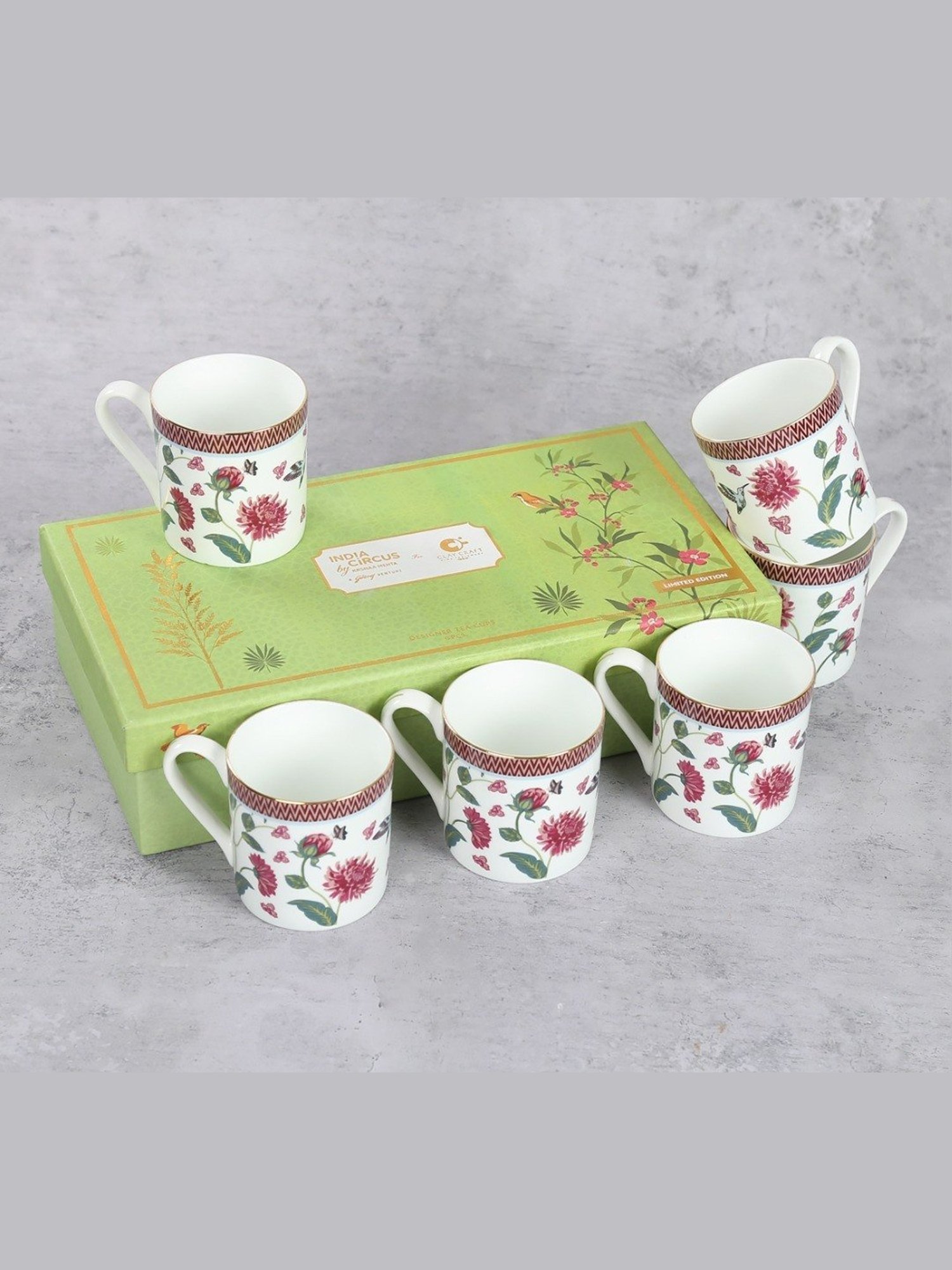 India Circus Floral Pink Bone China Coffee Mug - Set of 6 (220 ml)