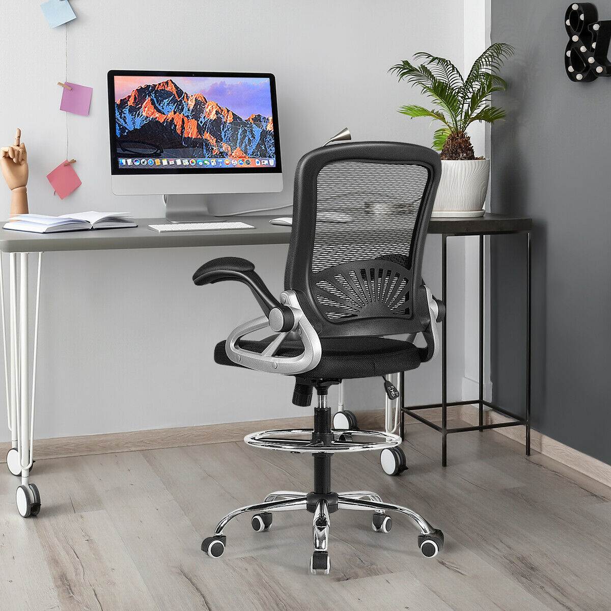 Mesh Drafting Chair Mid Back Office Chair Adjustable Height Flip-Up Arm Black