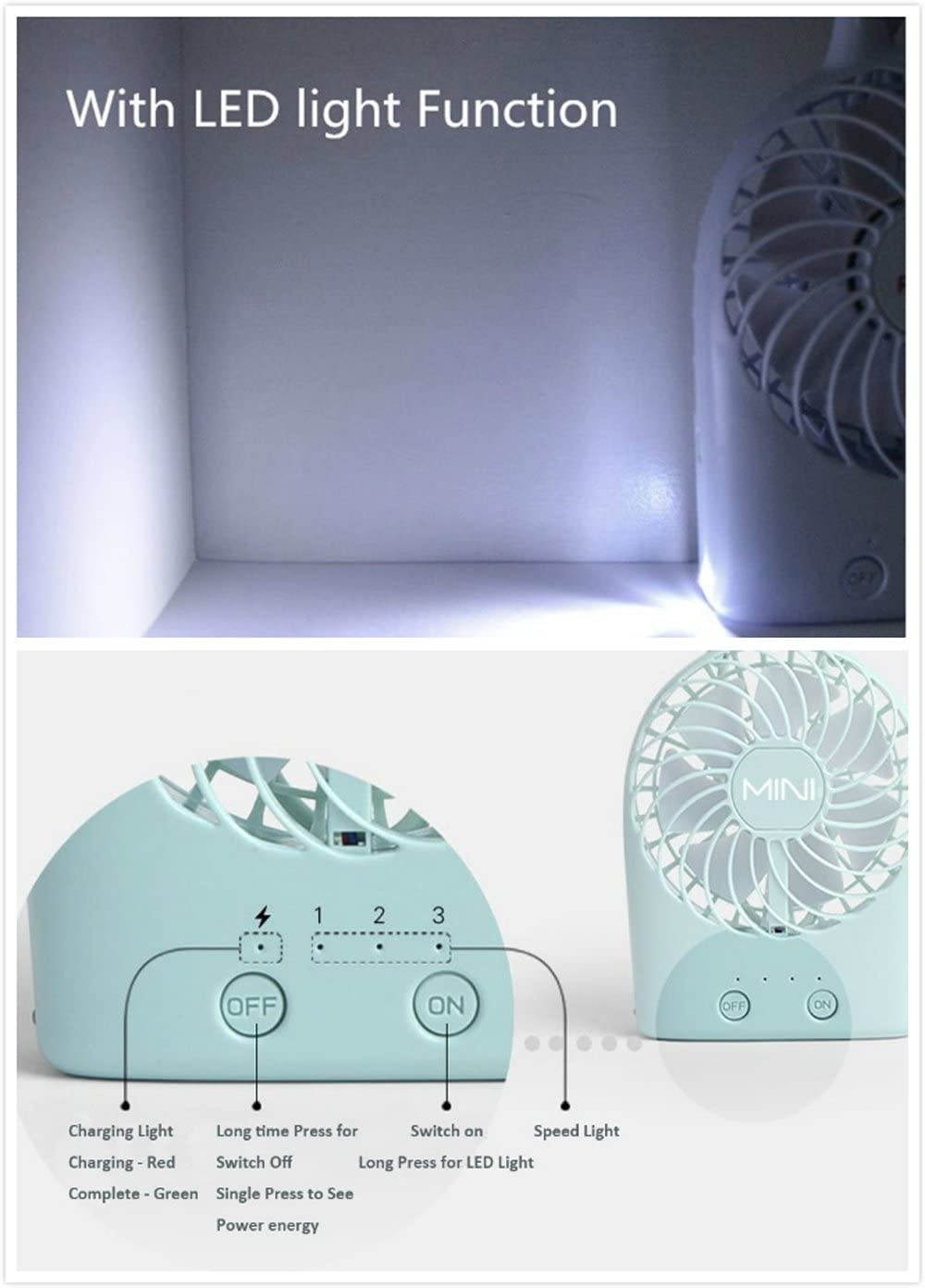 BXT LED Lighted Handheld Fan USB & Li-ion Battery Powered Mini Fan w/Cord,3 Speed Adjustable Rechargeable Summer Cooling Fan for Home,Dorm,Office,Camping,Hiking,Fishing,Walking,Picnic,BBQ,Shopping