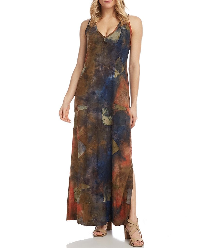 Karen Kane Sleeveless Tie-Dye V-Neck Side Slit Maxi Dress
