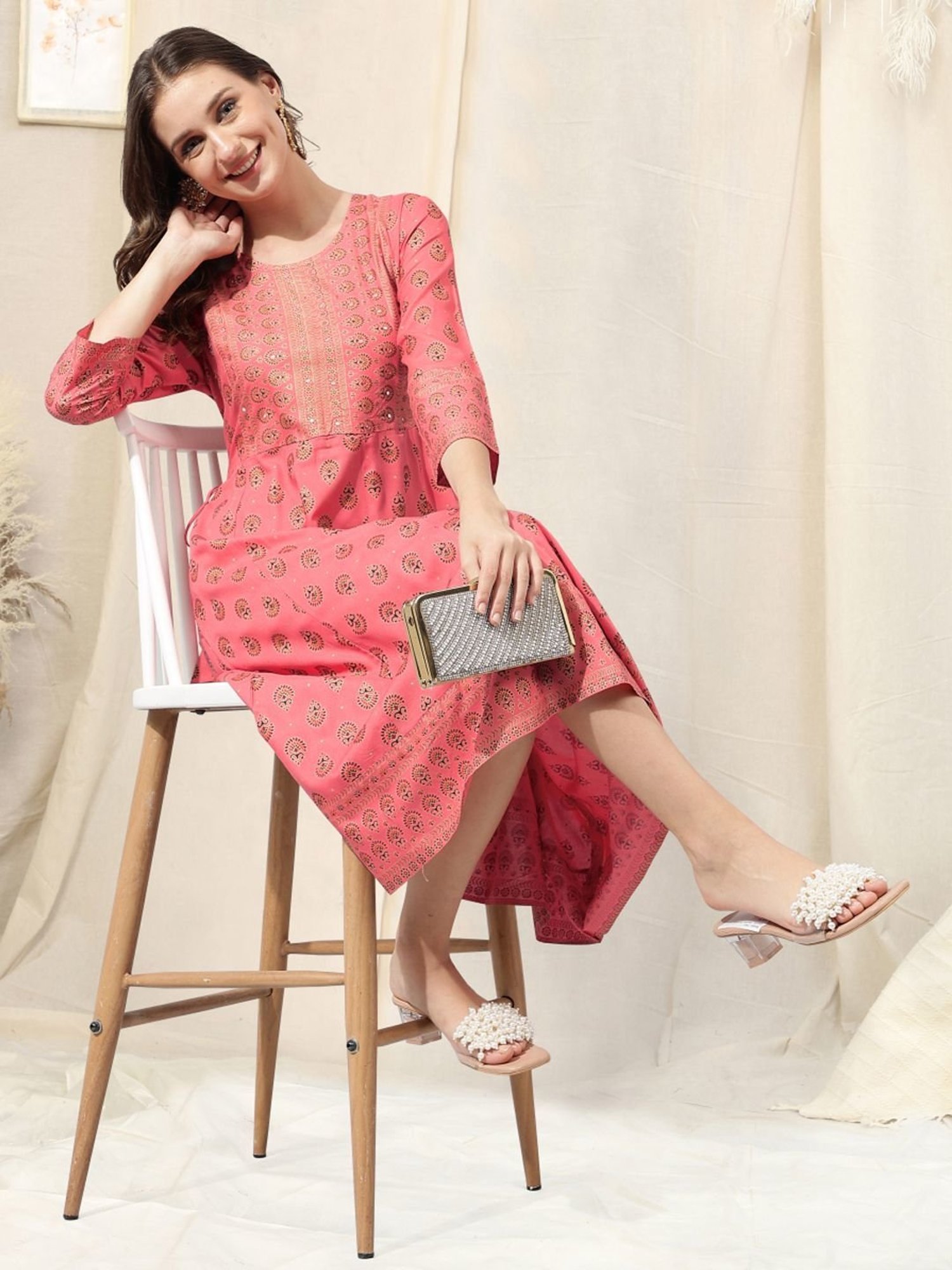 MIRCHI FASHION Coral Embroidered A-Line Dress