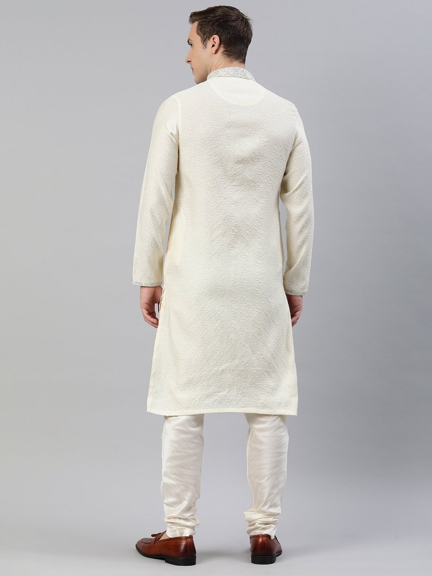 Manthan Cream Regular Fit Self Design Kurta & Pyjamas Set