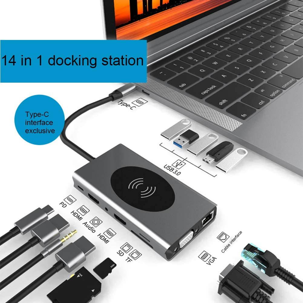 Direct Aluminum Alloy USB Type C to USB3.0 VGA RJ45, 10W Wireless Charger Hub Adapter for Laptop Notebook Smartphones